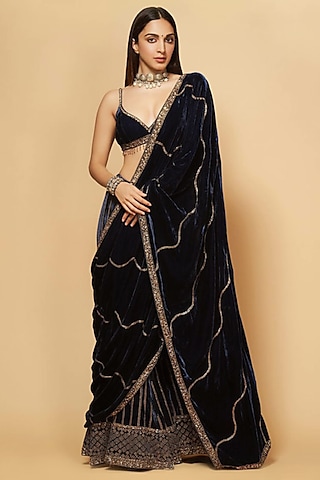 Peacock Blue Silk Velvet Bead Embroidered Draped Sharara Set by Sureena Chowdhri