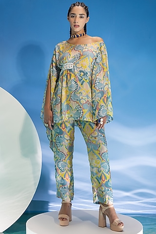 Multi-Colored Modal Satin Digital Printed & Embellished Co-Ord Set by Suramya