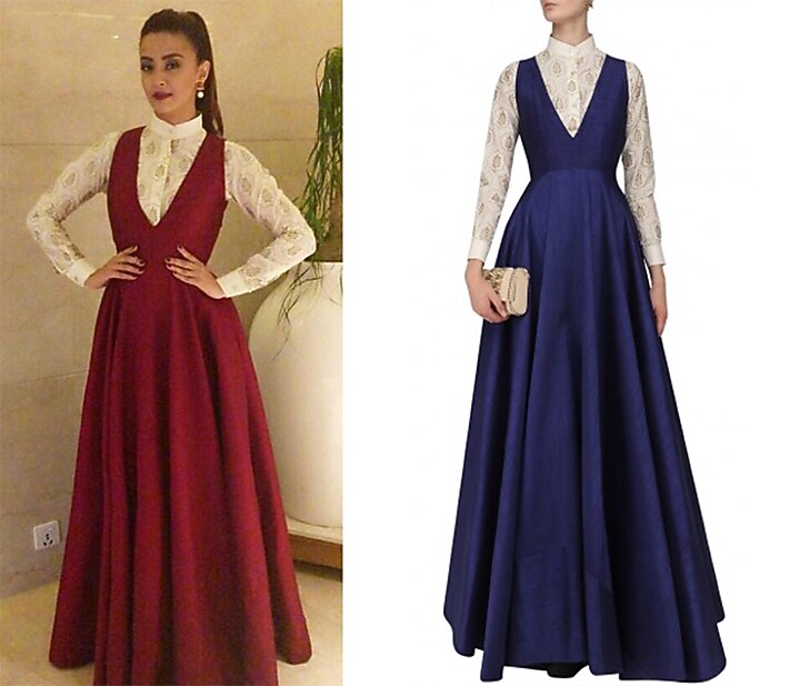 Dark blue flared gown with off white foil print shirt available only at Pernia's Pop Up Shop.