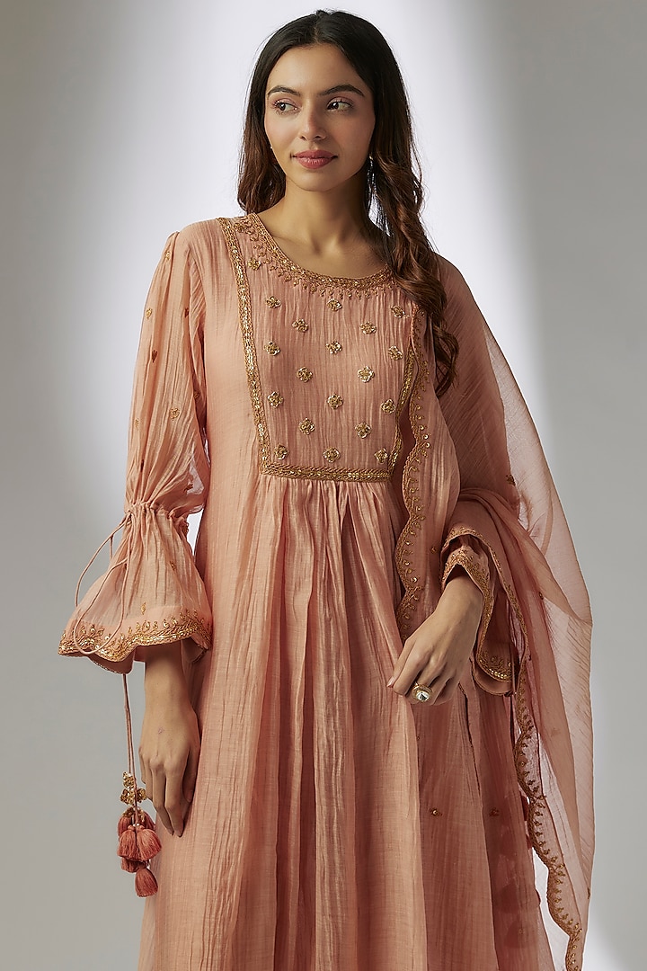 Old Rose Gold Chanderi Marodi Embroidered Wedding Anarkali Set by Surbhi Shah at Pernia's Pop Up Shop