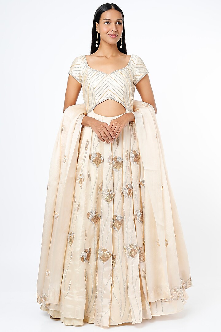 Ivory Satin Organza Embroidered Gown WIth Dupatta by SURBHI SHAH