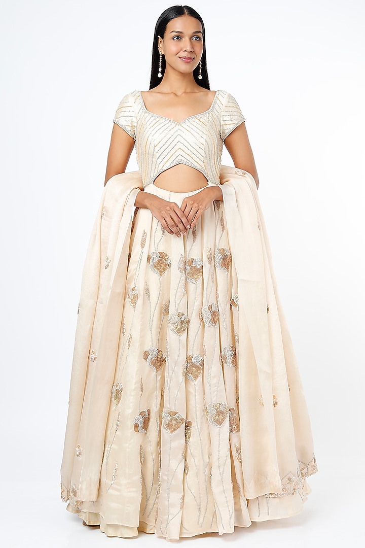 Ivory Satin Organza Embroidered Gown WIth Dupatta by SURBHI SHAH at Pernia's Pop Up Shop