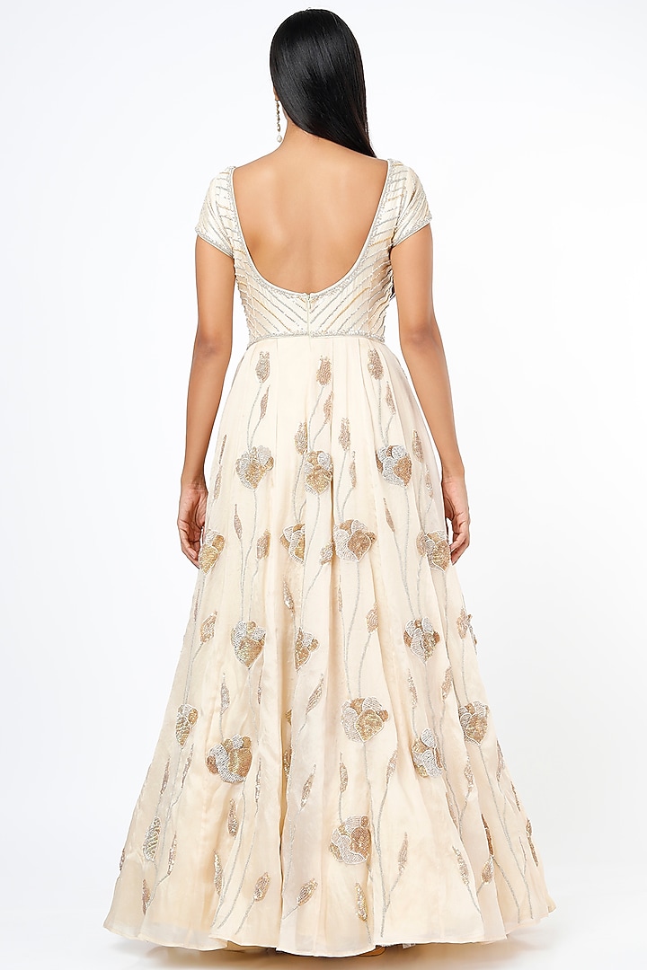 Ivory Satin Organza Embroidered Wedding Gown WIth Dupatta by SURBHI SHAH at Pernia's Pop Up Shop