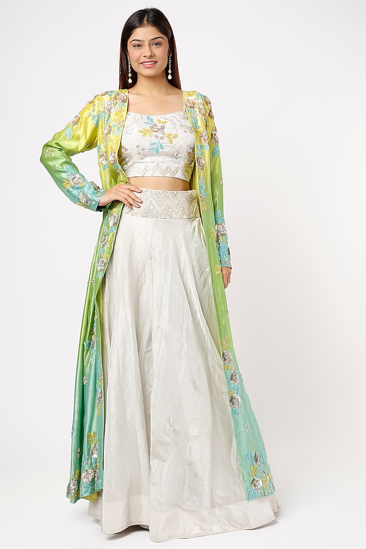 Multi-Colored Ombre Kora Silk Embroidered Jacket Set by SURBHI SHAH