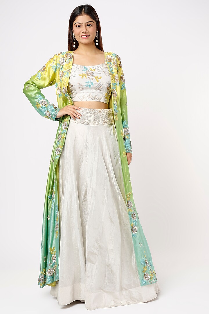 Multi-Colored Ombre Kora Silk Embroidered Jacket Set by SURBHI SHAH at Pernia's Pop Up Shop