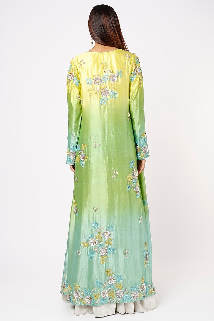 Multi-Colored Ombre Kora Silk Embroidered Jacket Set by SURBHI SHAH at Pernia's Pop Up Shop
