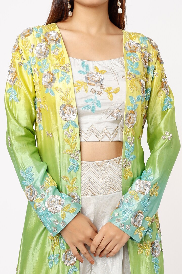Multi-Colored Ombre Kora Silk Embroidered Jacket Set by SURBHI SHAH at Pernia's Pop Up Shop