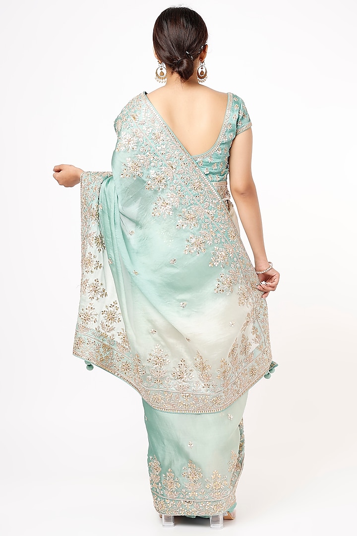 Sea Blue Ombre Satin Organza Embroidered Reception Saree Set by SURBHI SHAH at Pernia's Pop Up Shop