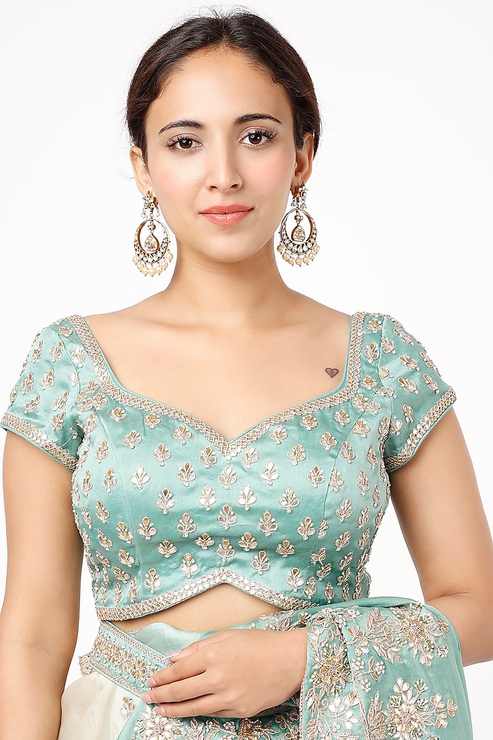 Sea Blue Ombre Satin Organza Embroidered Reception Saree Set by SURBHI SHAH at Pernia's Pop Up Shop
