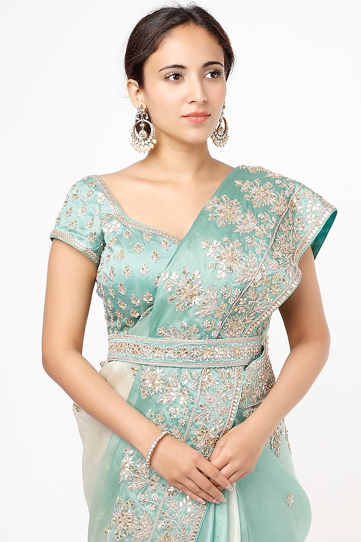 Sea Blue Ombre Satin Organza Embroidered Reception Saree Set by SURBHI SHAH at Pernia's Pop Up Shop
