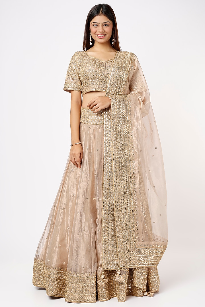 Dull Gold Tissue Embroidered Wedding Lehenga Set by SURBHI SHAH at Pernia's Pop Up Shop