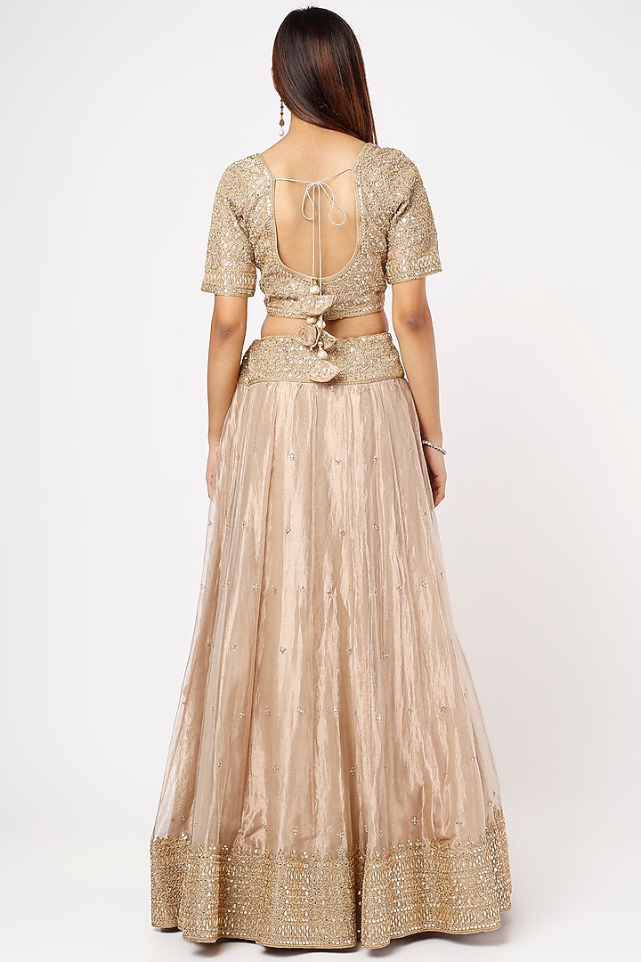 Dull Gold Tissue Embroidered Wedding Lehenga Set by SURBHI SHAH at Pernia's Pop Up Shop
