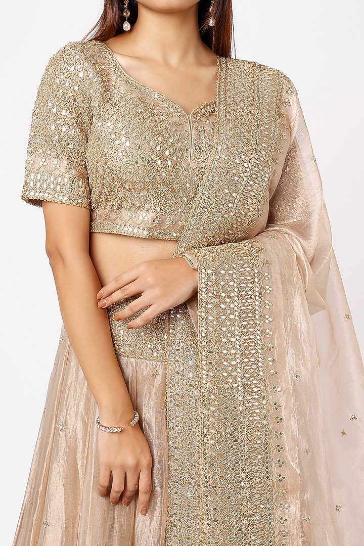 Dull Gold Tissue Embroidered Wedding Lehenga Set by SURBHI SHAH at Pernia's Pop Up Shop