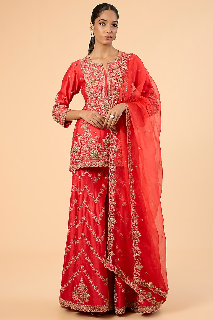 Sunset Orange Spun Silk Badla Work Bridal Sharara Set by SURBHI SHAH at Pernia's Pop Up Shop
