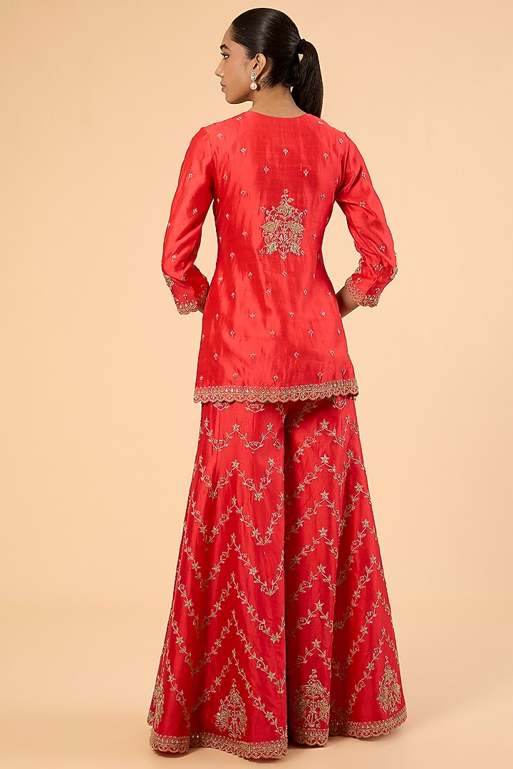 Sunset Orange Spun Silk Badla Work Bridal Sharara Set by SURBHI SHAH at Pernia's Pop Up Shop