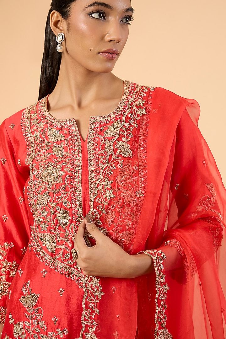 Sunset Orange Spun Silk Badla Work Bridal Sharara Set by SURBHI SHAH at Pernia's Pop Up Shop