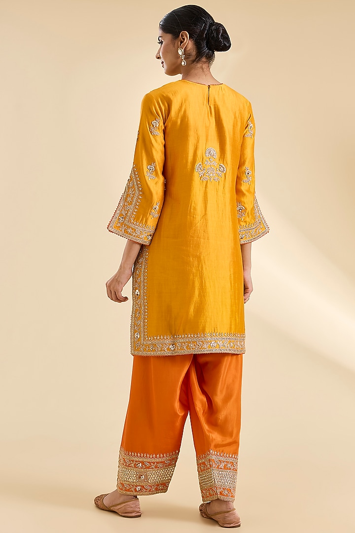 Mango Yellow Spun Silk Marori Work Kurta Set by SURBHI SHAH at Pernia's Pop Up Shop