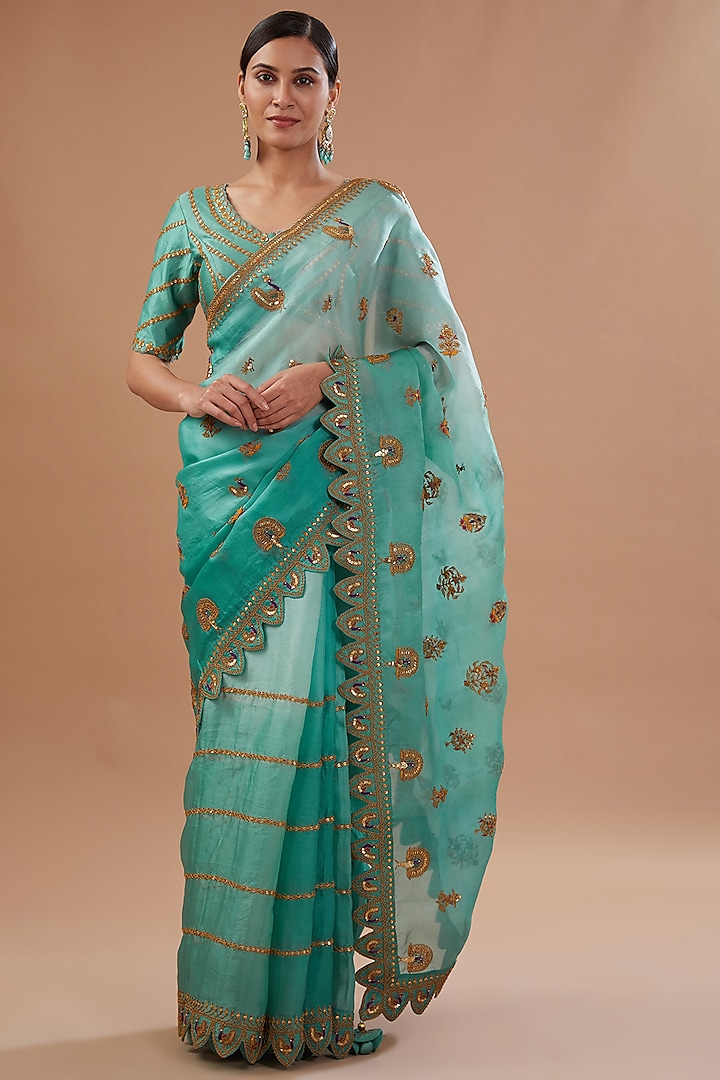 Sea Blue Pure Satin Organza Marori Embroidered Shaded Saree Set by SURBHI SHAH at Pernia's Pop Up Shop