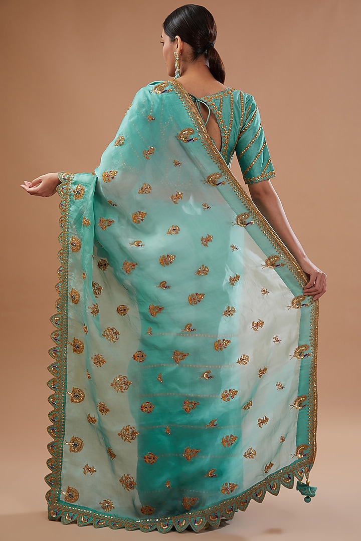 Sea Blue Pure Satin Organza Marori Embroidered Shaded Reception Saree Set by SURBHI SHAH at Pernia's Pop Up Shop