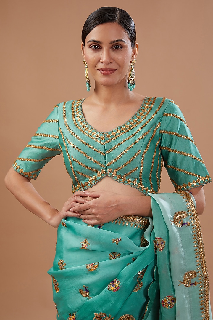 Sea Blue Pure Satin Organza Marori Embroidered Shaded Reception Saree Set by SURBHI SHAH at Pernia's Pop Up Shop