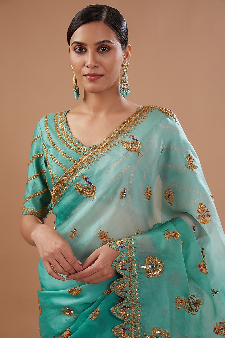Sea Blue Pure Satin Organza Marori Embroidered Shaded Reception Saree Set by SURBHI SHAH at Pernia's Pop Up Shop