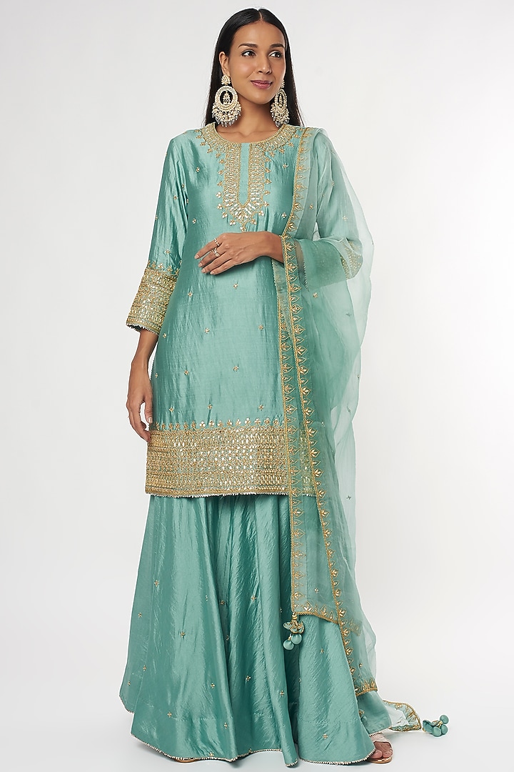 Blue Spun Silk Wedding Sharara Set by SURBHI SHAH at Pernia's Pop Up Shop