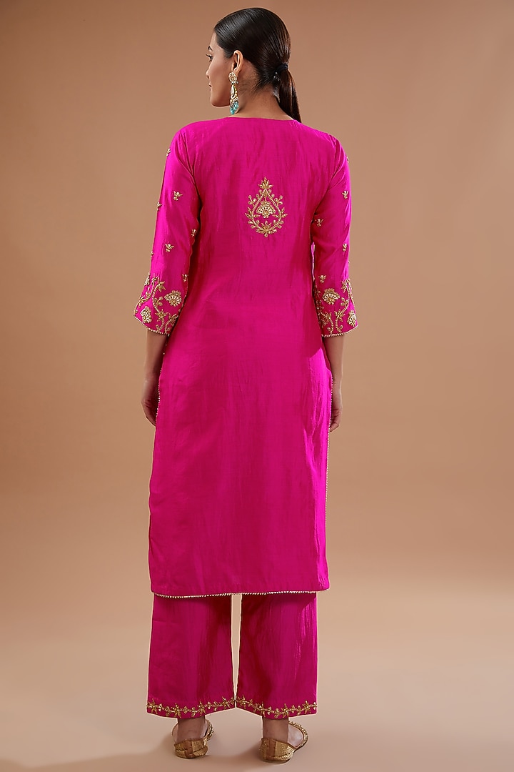 Rani Pink Pure Spun Silk Marori Embroidered Kurta Set by SURBHI SHAH at Pernia's Pop Up Shop