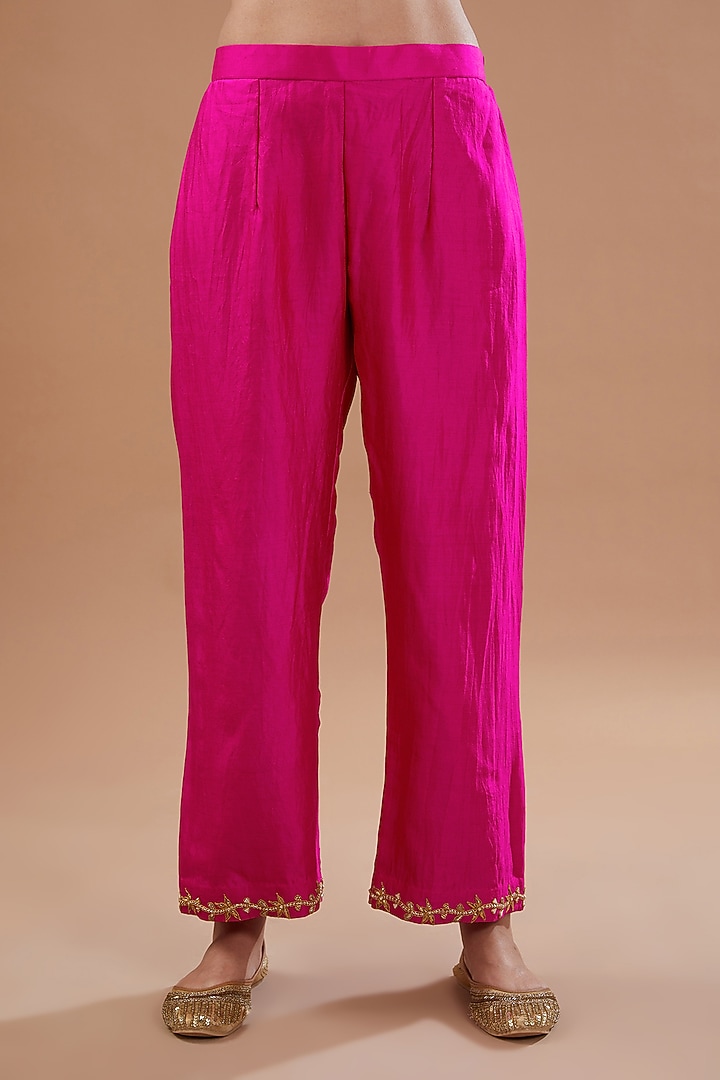 Rani Pink Pure Spun Silk Marori Embroidered Kurta Set by SURBHI SHAH at Pernia's Pop Up Shop