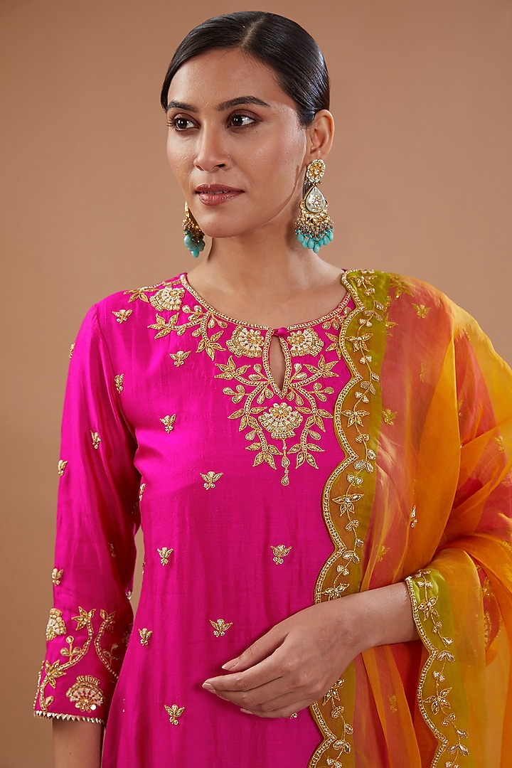 Rani Pink Pure Spun Silk Marori Embroidered Kurta Set by SURBHI SHAH at Pernia's Pop Up Shop