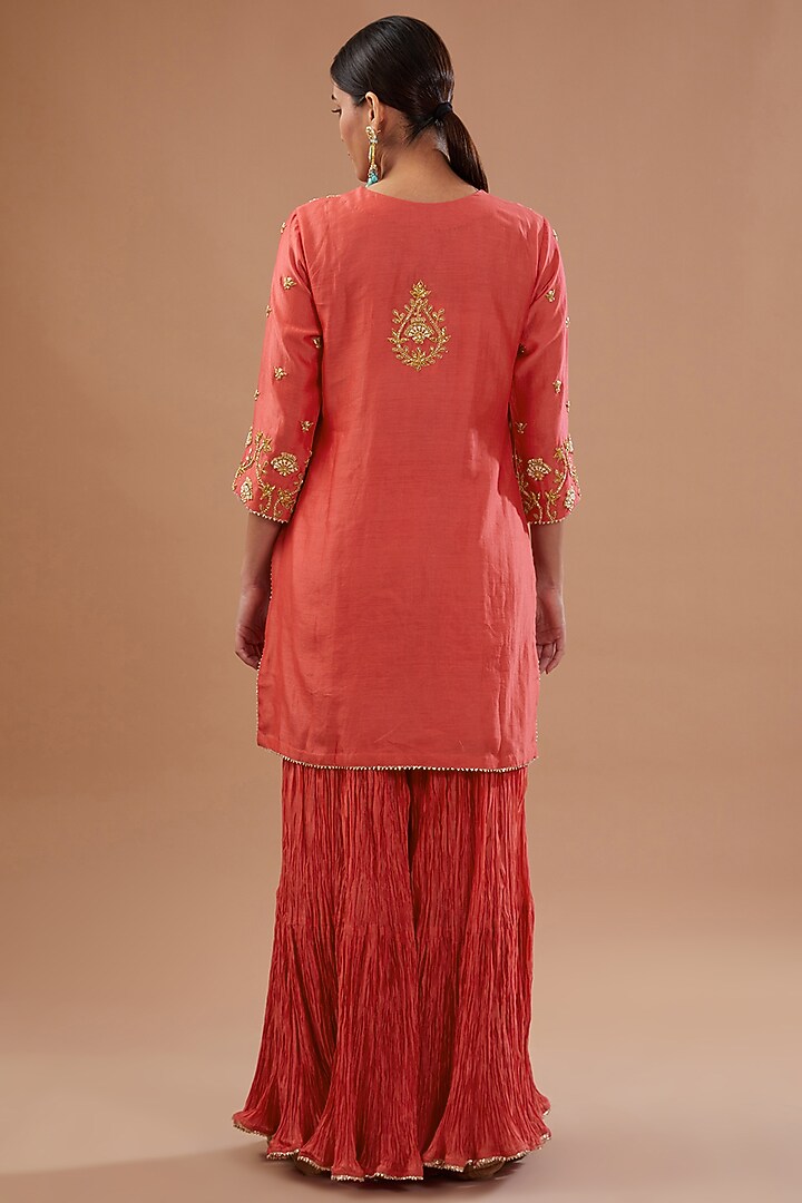 Coral Pure Chanderi Marori Embroidered Crushed Wedding Sharara Set by SURBHI SHAH at Pernia's Pop Up Shop