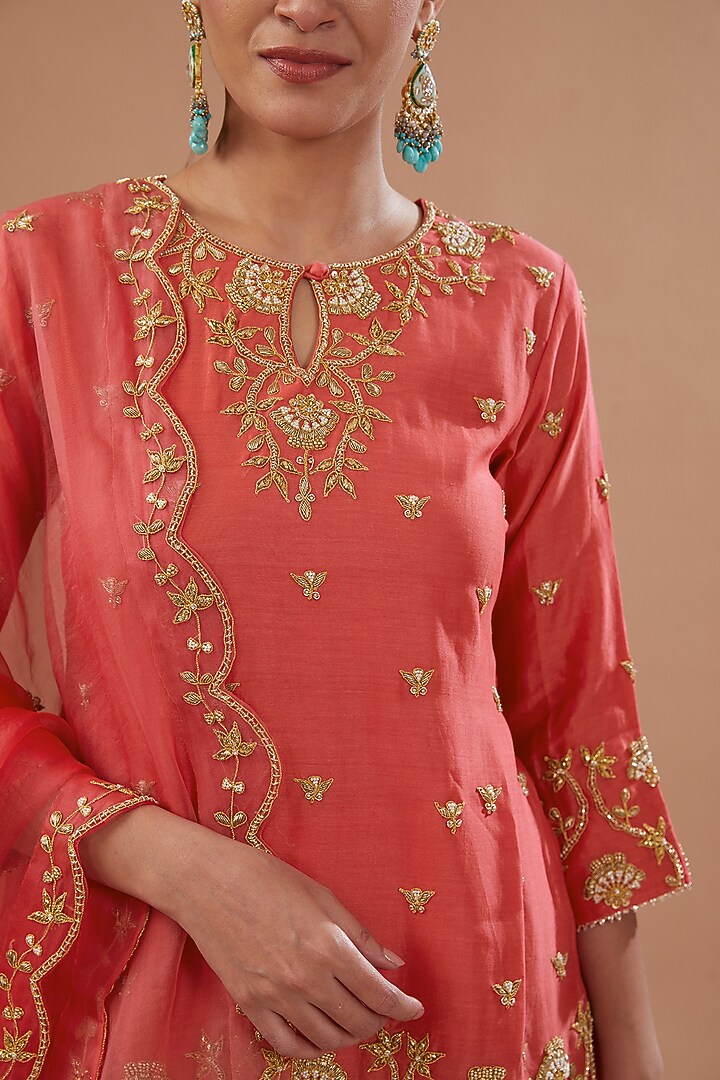 Coral Pure Chanderi Marori Embroidered Crushed Wedding Sharara Set by SURBHI SHAH at Pernia's Pop Up Shop