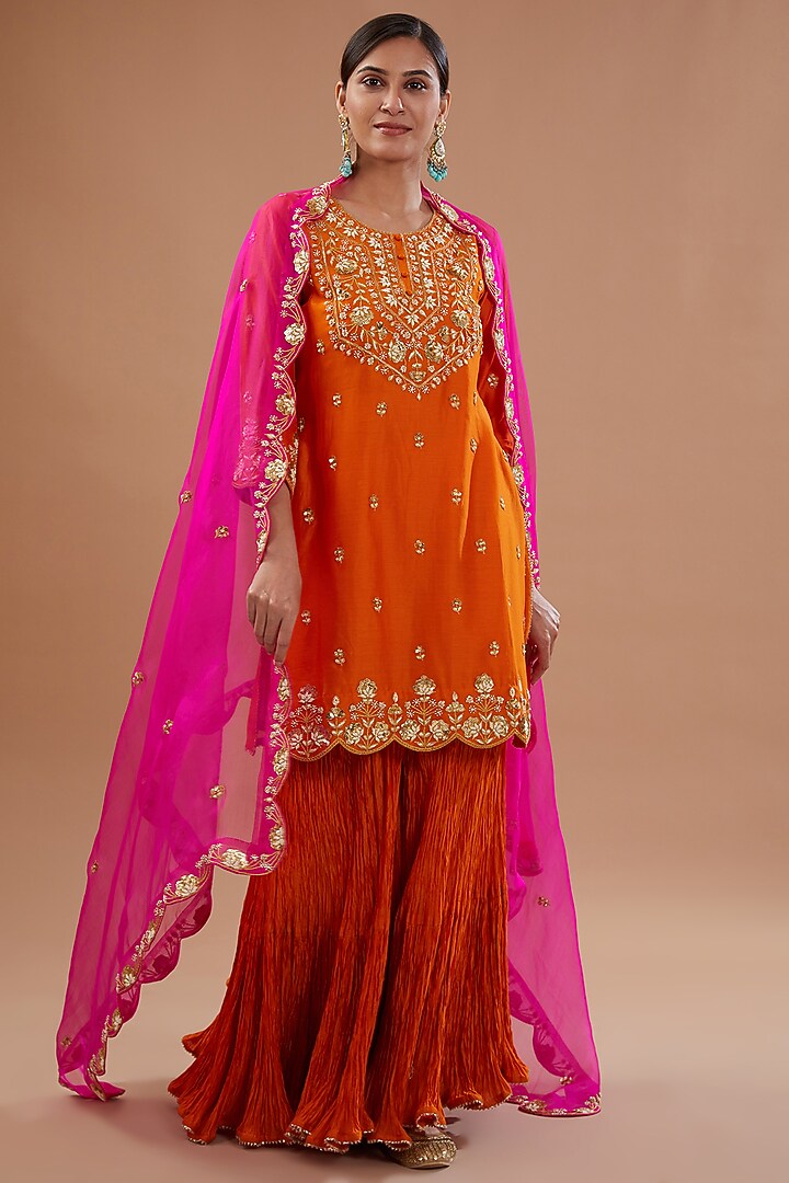 Orange Pure Chanderi Marori Embroidered Crushed Wedding Sharara Set by SURBHI SHAH at Pernia's Pop Up Shop