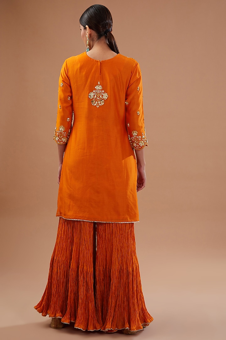 Orange Pure Chanderi Marori Embroidered Crushed Wedding Sharara Set by SURBHI SHAH at Pernia's Pop Up Shop