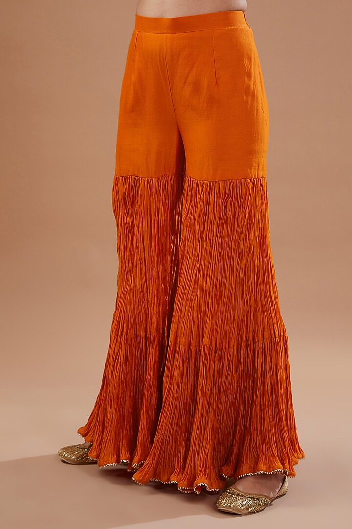 Orange Pure Chanderi Marori Embroidered Crushed Wedding Sharara Set by SURBHI SHAH at Pernia's Pop Up Shop