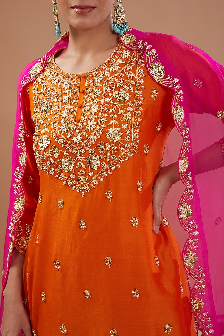 Orange Pure Chanderi Marori Embroidered Crushed Wedding Sharara Set by SURBHI SHAH at Pernia's Pop Up Shop