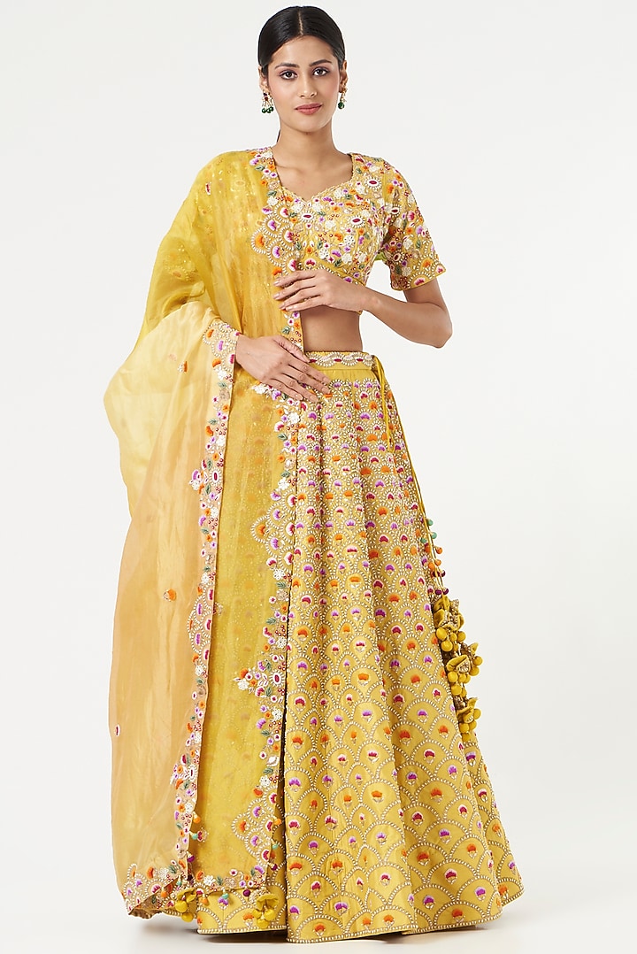 Yellow Spun Silk Embroidered Bridal Lehenga Set by SURBHI SHAH at Pernia's Pop Up Shop