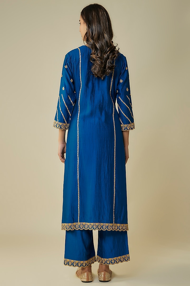 Blue Spun Silk Patch Work Kurta Set by SURBHI SHAH at Pernia's Pop Up Shop