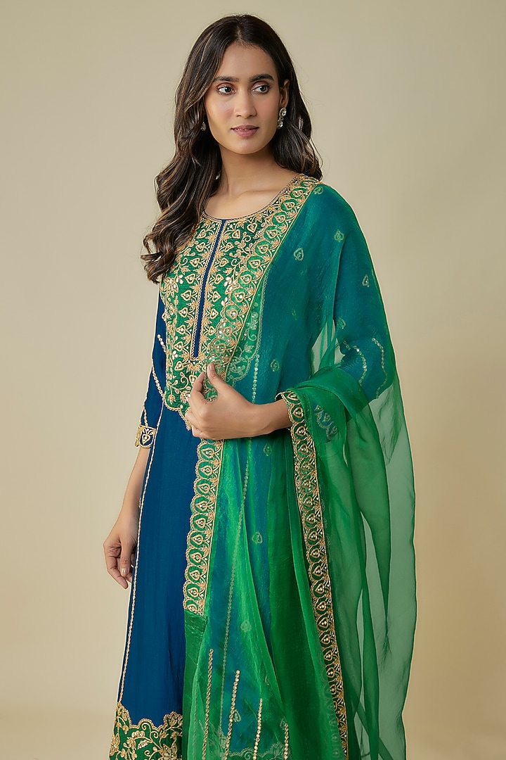 Blue Spun Silk Patch Work Kurta Set by SURBHI SHAH at Pernia's Pop Up Shop