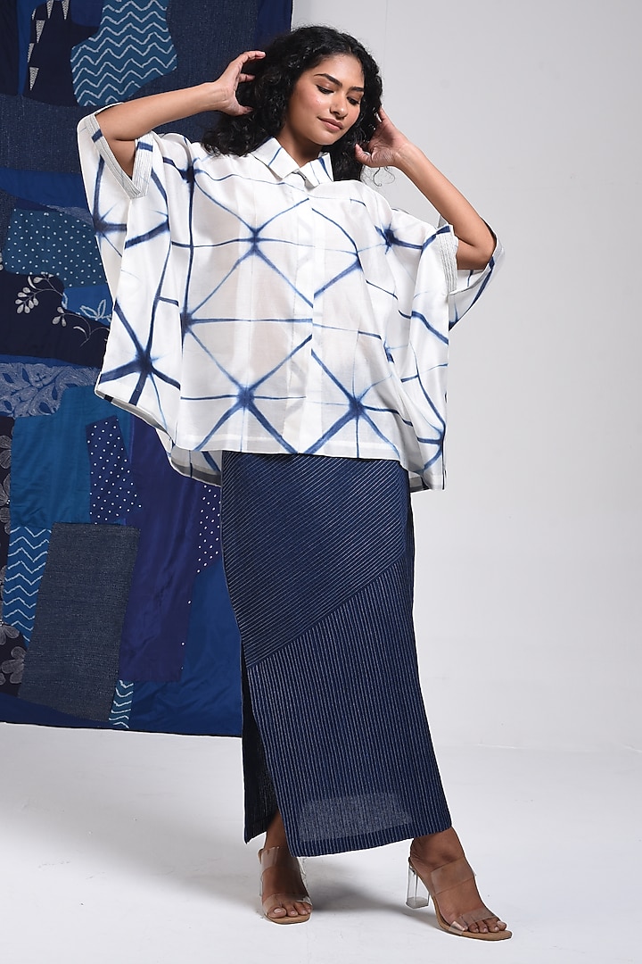 Blue & Ivory Silk Cotton Blend Tie-Dye Printed Shirt by Sunita Shanker at Pernia's Pop Up Shop