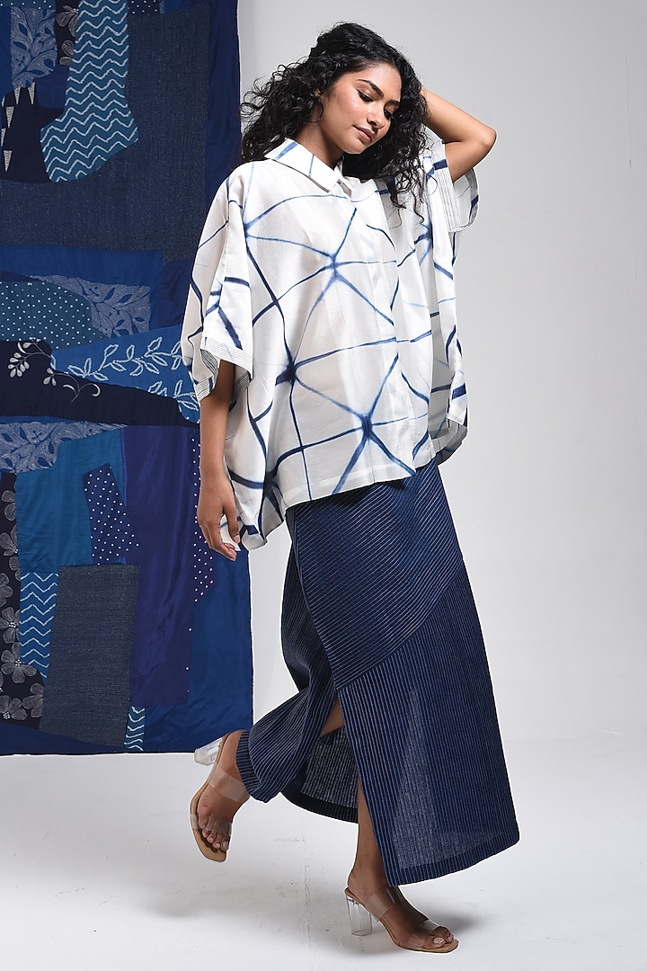 Blue & Ivory Silk Cotton Blend Tie-Dye Printed Shirt by Sunita Shanker at Pernia's Pop Up Shop