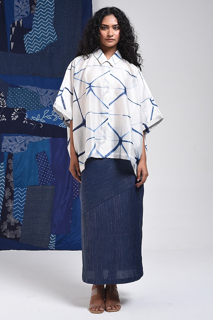 Blue & Ivory Silk Cotton Blend Tie-Dye Printed Shirt by Sunita Shanker at Pernia's Pop Up Shop