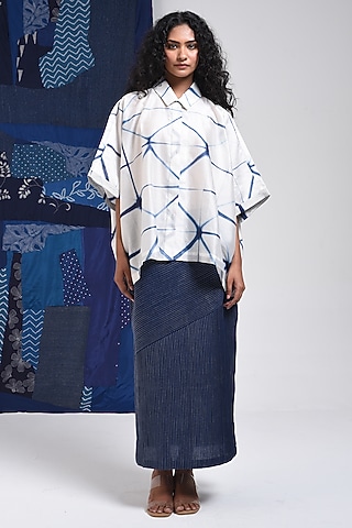 Blue & Ivory Silk Cotton Blend Tie-Dye Printed Shirt by Sunita Shanker