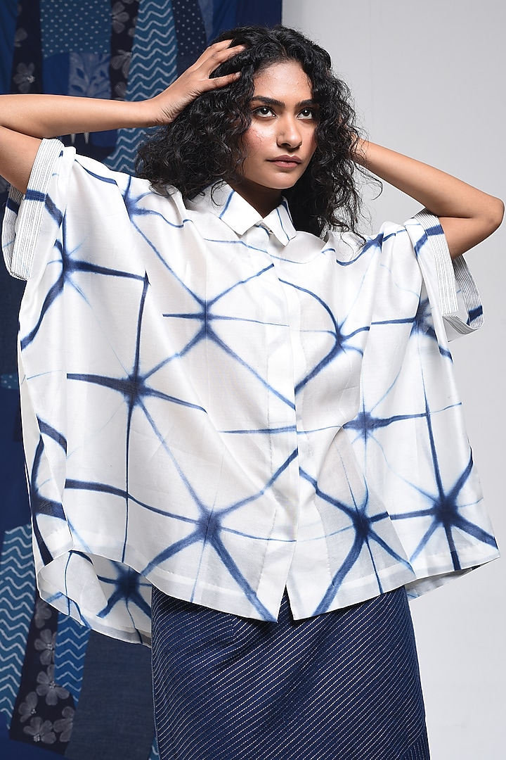 Blue & Ivory Silk Cotton Blend Tie-Dye Printed Shirt by Sunita Shanker at Pernia's Pop Up Shop
