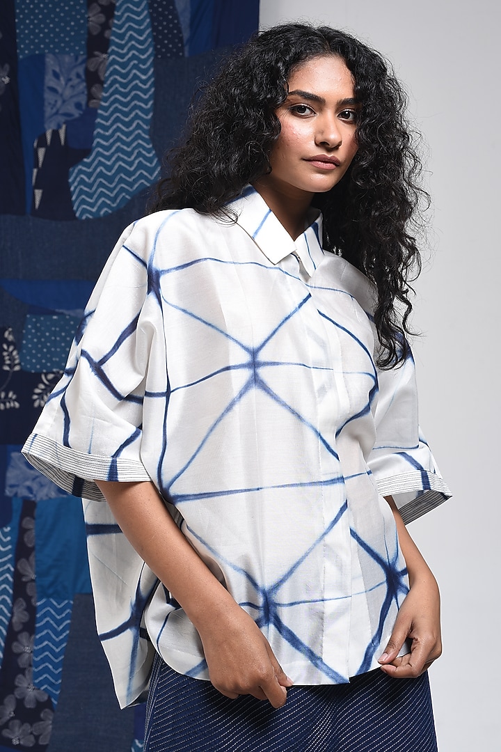 Blue & Ivory Silk Cotton Blend Tie-Dye Printed Shirt by Sunita Shanker at Pernia's Pop Up Shop