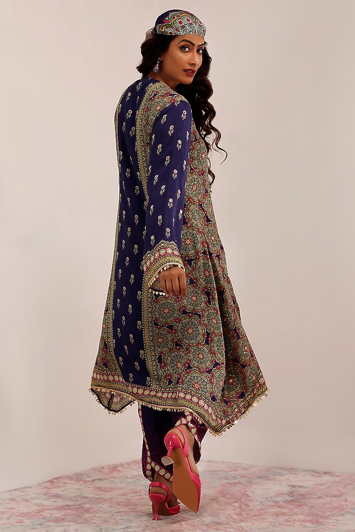 Indigo & Purple Russian Cotton Silk Printed & Embroidered Kurta Set by Surkh Syahi at Pernia's Pop Up Shop