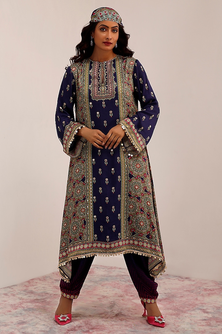 Indigo & Purple Russian Cotton Silk Printed & Embroidered Kurta Set by Surkh Syahi at Pernia's Pop Up Shop
