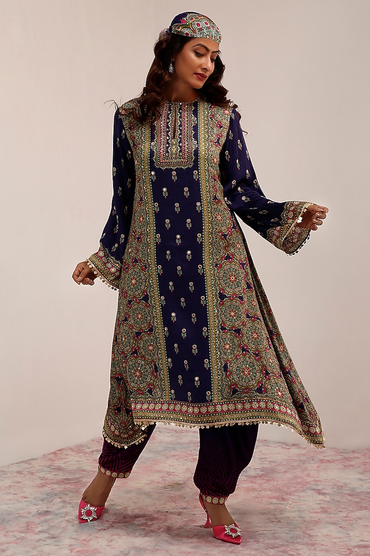 Indigo & Purple Russian Cotton Silk Printed & Embroidered Kurta Set by Surkh Syahi at Pernia's Pop Up Shop
