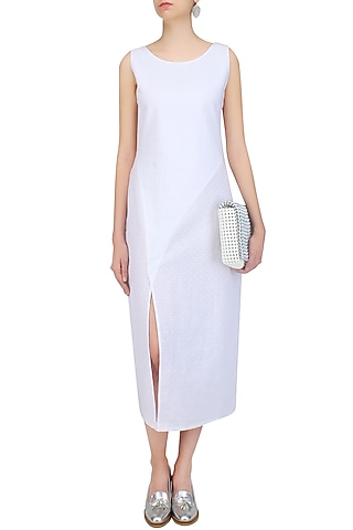 White Dot Printed High Slit Dress by Soutache