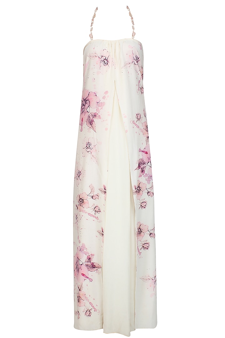 Cream and Pink Floral Printed Double Layered Dress by Soutache