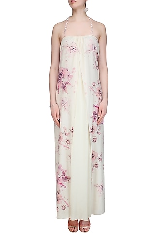 Cream and Pink Floral Printed Double Layered Dress by Soutache